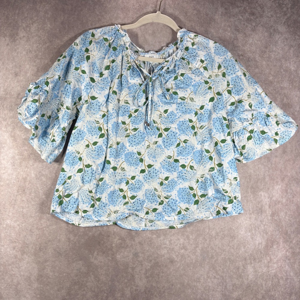 VOY Blouse Womens M Blue Hydrangea Floral Peasant Ruffle Sleeve Cotton Top Boho